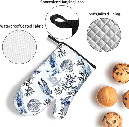 Navy Blue Ocean Sea Turtle Oven Mitts and Pot Holders Sets of 3, Heat Resistant Non-Slip Gift for Cooking Enthusiasts, Coastal Beach Nautical Coral Kitchen Gloves for Baking BBQ Cooking Grilling Decor - Image 6