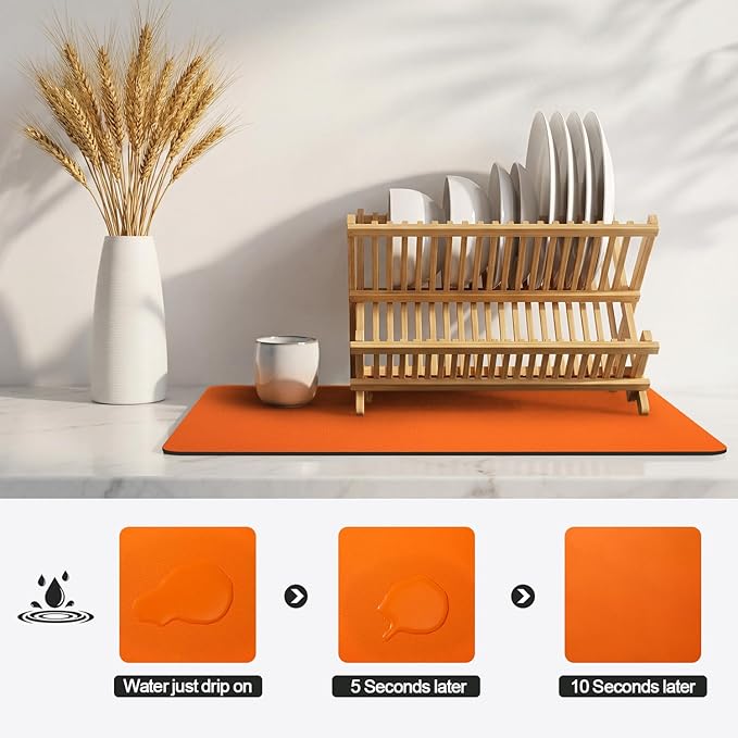 Ecotrim - Dish Drying Mat for Kitchen Counter | Coffee Bar Mat for Countertops | Heat Resistant Drainer Mat with Non-slip Rubber Backed | Hide Stain Kitchen Absorbent Draining Mat | Orange 16"x24" - Image 4