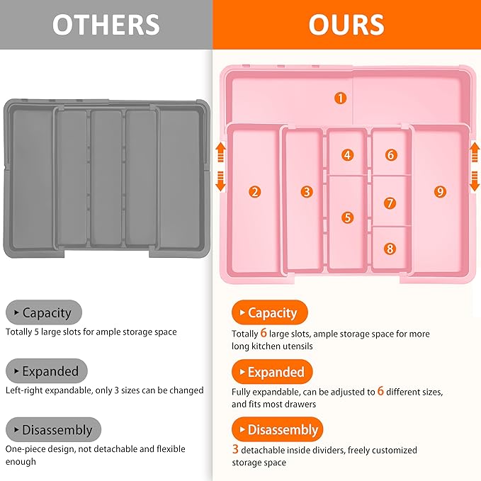 Spaclear Large Utensil Drawer Organizer Expandable Silverware Organizer for Kitchen Drawer Adjustable Cooking Utensil Holder Cutlery Flatware Tray Spatula Tools Gadgets Storage Dividers Plastic Pink - Image 6