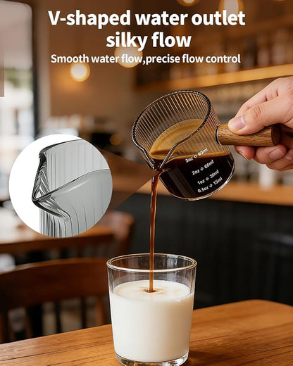 Espresso Measuring Cup 3 Oz, Espresso Glass Cups with Wood Handle, Milk Frothing Cup, Espresso Cup for Coffee, Milk, Tea or Maple Syrup Serving (Gray, 3 oz)