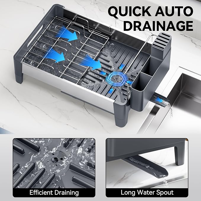 Urackify Expandable Dish Drying Rack, Stainless Steel Dish Rack with Aluminum Frame, Dish Drainer for Kitchen Counter, Space Saving Kitchen Drying Rack with Movable Utensil Holder, Gray - Image 4