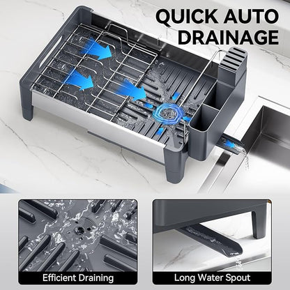 Urackify Expandable Dish Drying Rack, Stainless Steel Dish Rack with Aluminum Frame, Dish Drainer for Kitchen Counter, Space Saving Kitchen Drying Rack with Movable Utensil Holder, Gray - Image 4