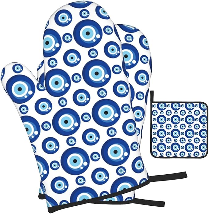 Blue Evil Eyes Oven Mitts and Pot Holders Sets of 3 Funny Hot Pads Heat Resistant Non Slip Washable for Cooking Grilling Baking BBQ Kitchen Decor - Image 2