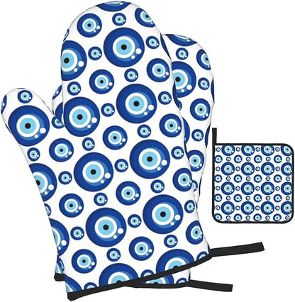 Blue Evil Eyes Oven Mitts and Pot Holders Sets of 3 Funny Hot Pads Heat Resistant Non Slip Washable for Cooking Grilling Baking BBQ Kitchen Decor - Image 2
