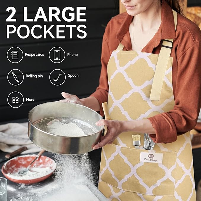 2 Pieces Aprons for Women with Pockets, Cotton Linen Waterproof Kitchen Cooking Aprons, Chef Apronfor Men Women with Adjustable Neck Strap and Long Ties(Blue/Yellow)