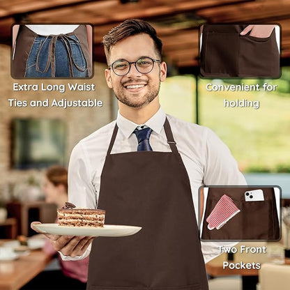 4 Packs Chef Apron, Waterproof Apron, Adjustable Aprons with 2 Pockets for Men Women, Professional Aprons for Kitchen Cooking Gardening Painting Baking Restaurant (Coffee) - Image 5