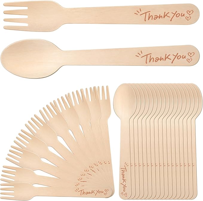 LemonRoad 200 Pcs Thank You Disposable Wooden Cutlery Set Bamboo Utensils 100 Forks, 100 Spoons Employee Appreciation Party Favors for Administrative Professionals Volunteer Party Supplies