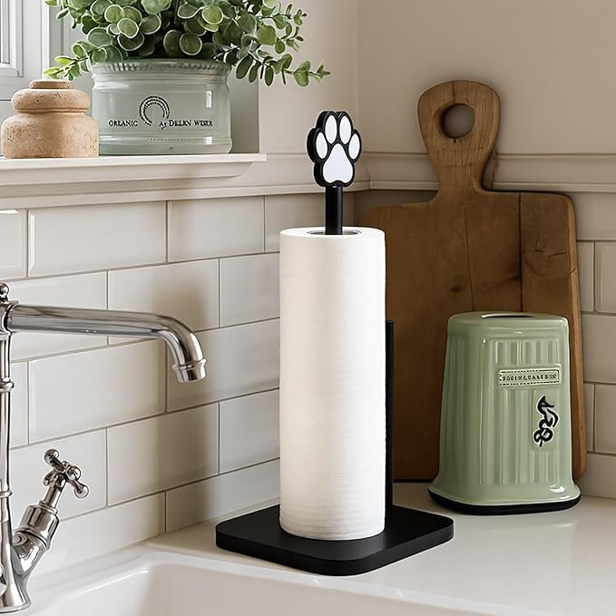 Leinuosen Dog's Paw Paper Towel Holder Farmhouse Dog's Paw Wooden Paper Towel Holder Black Funny Bathroom Countertop Accessories Kitchen Roll Stand Organizer Standing Apartment Decor Housewarming Gift