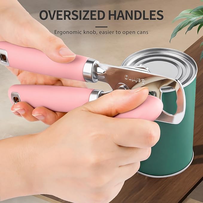 Safring Can Opener Manual, Heavy Duty Stainless Steel Smooth Edge Can Openers With Soft Touch Handle, Oversized Handheld Easy Turn Knob, Multi-Function Bottle Opener, Pink