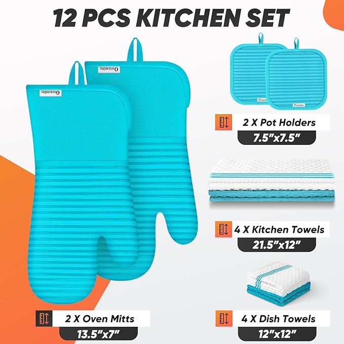 Oven Mitts Kitchen Towels and Dishcloths with Pot Holders Sets, Oven Gloves Hot Pads 500°F Heat Resistant with Silicone Grip, Include 2 Cooking Gloves/2 Potholders/4 Kitchen Towels/4 Dish Towels - Image 2