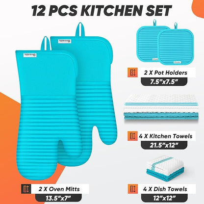 Oven Mitts Kitchen Towels and Dishcloths with Pot Holders Sets, Oven Gloves Hot Pads 500°F Heat Resistant with Silicone Grip, Include 2 Cooking Gloves/2 Potholders/4 Kitchen Towels/4 Dish Towels - Image 2
