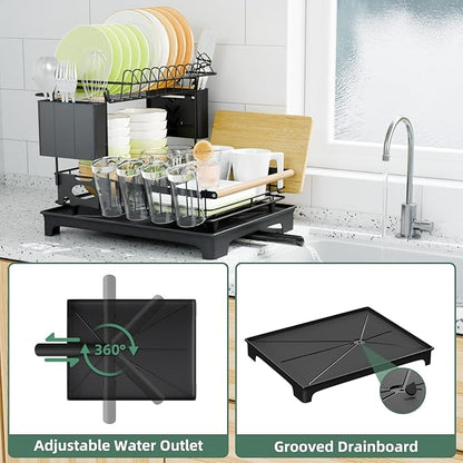 2-Tier Dish Rack with Drainboard: Large Capacity Anti-Rust Kitchen Counter Organizer with Cup, Utensil & Cutting Board Holders, Heavy Duty Dish Drying Rack, Black