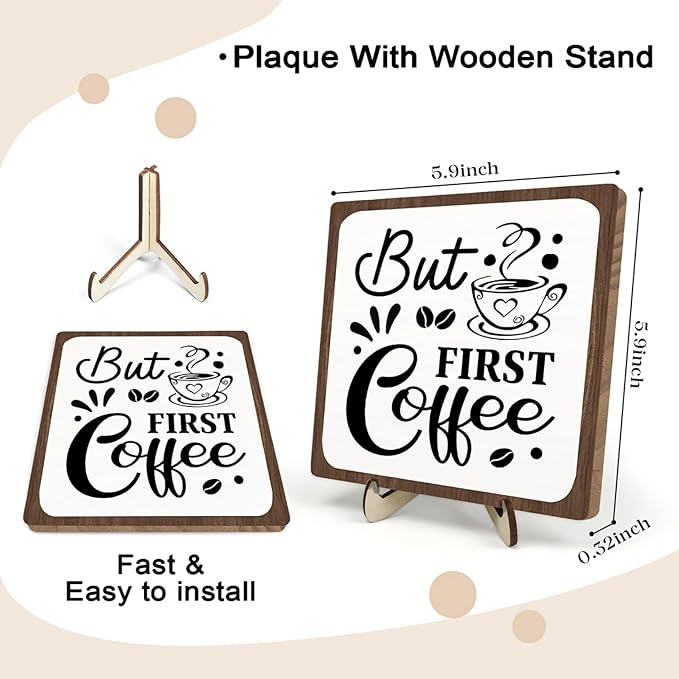 Coffee Bar Sign Plaque, Coffee Bar Accessories,Rustic Farmhouse Cafe Sign for Kitchen Office,Wooden Tabletop Plaque with Stand,Cute Mini Café Bar Decor Gift 5.9x5.9inch - Image 2
