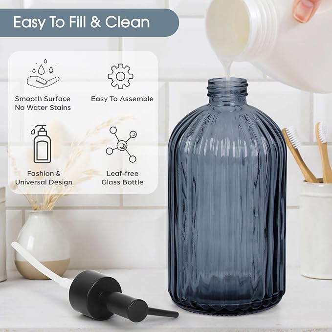 Topsky Stripe Glass Soap Dispenser with Black Plastic Pump, 400ml Liquid Hand Soap Dispenser, Rustproof Pump for Kitchen & Bathroom, Great for Lotions, Essential Oil, Liquid Soaps- (Grayish Blue) - Image 2