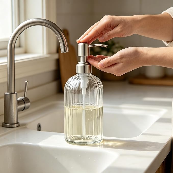 Glass Hand Soap Dispenser Silver Pump Refillable Dish Shampoo Lotion Bottle with Brushed Bathroom Kitchen Decor 18 OZ