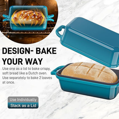 Enameled Cast Iron Sourdough Bread Dutch Oven, 8.5x4.5 Inch Loaf Cast Iron Bread Pan for Homemade Bread Baking, Sourdough Baking Pans, Meatloaf Pan with Lid, 2 Piece set, Emerald