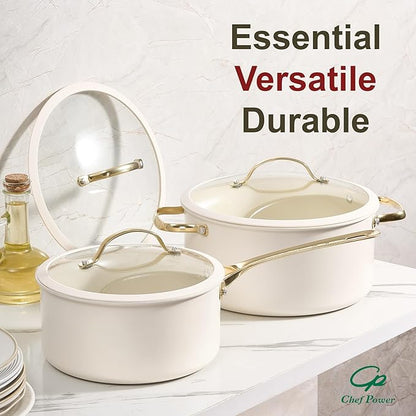 Chef Power Ceramic Cookware Sets, 15Pcs Pots and Pans Set Non Stick, Cookware Set with Stainless Steel Handle, Dishwasher & Oven Safe, Cream White and Light Gold Handle - Image 7