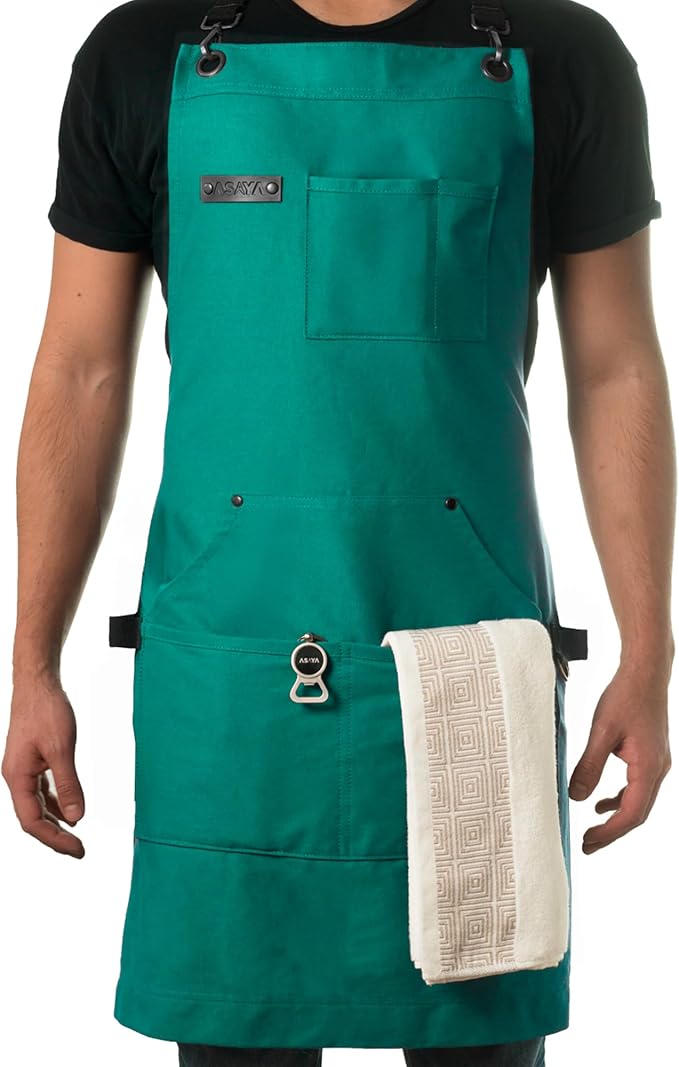 Asaya Chef and BBQ Apron with Bottle Opener and Hand Towel - 10oz Cotton Canvas, Stainless Steel Hardware - Cross Back Straps by AsayaChefProducts