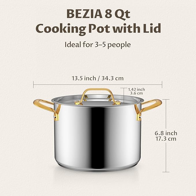 BEZIA 8 Quart Stainless Steel Stock Pot, 0-Coating Safe Cooking Pot for Home Chefs, Tri-ply Bottom for Even Heat, Perfect for Daily Cooking, Pasta and Batch Meals - Image 7