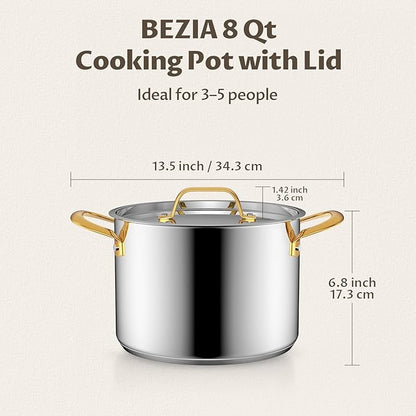 BEZIA 8 Quart Stainless Steel Stock Pot, 0-Coating Safe Cooking Pot for Home Chefs, Tri-ply Bottom for Even Heat, Perfect for Daily Cooking, Pasta and Batch Meals - Image 7