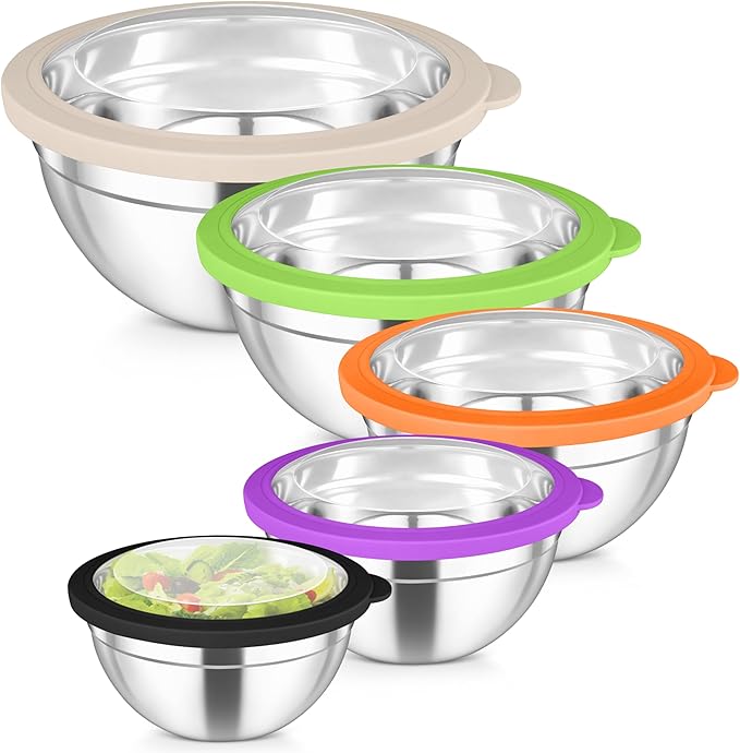 TeamFar Mixing Bowl Set, 4.5/3/1.5/1/0.7 QT Stainless Steel Nesting Salad Bowls with Visible Lids, For Serving/Mixing/Storing, Non-Toxic & Heavy Duty, Airtight & Easy Clean, Multi-Color, Set of 5 by TeamFar
