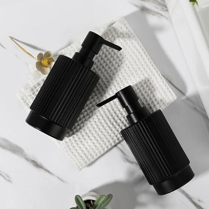 VIMERPA Hand and Dish Soap Dispenser Set for Kitchen, 2 Pack 11 fl oz Matte Black Ribbed Glass Soap and Lotion Dispensers Sets with Pump for Bathroom, Modern Refillable Liquid Soap Pump Bottle