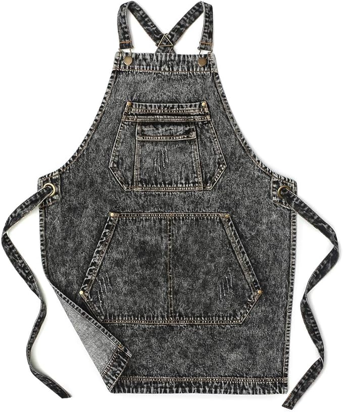 Jeanerlor - Denim Apron with Pockets for Hair Stylist Gardening Craftsmen Barista Women Hairdresser Jean Work Apron Cross Straps & Adjustable S to L (Black) by Jeanerlor