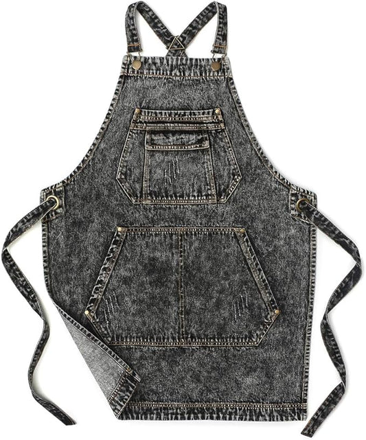 Jeanerlor - Denim Apron with Pockets for Hair Stylist Gardening Craftsmen Barista Women Hairdresser Jean Work Apron Cross Straps & Adjustable S to L (Black) by Jeanerlor