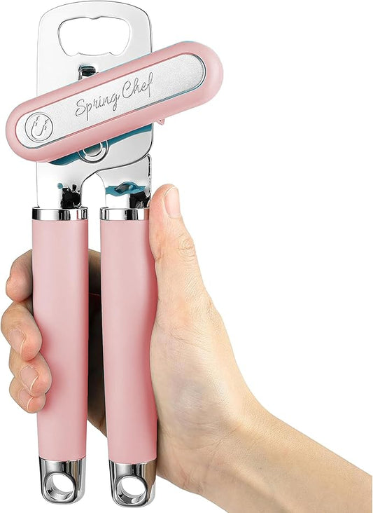 Spring Chef Stainless Steel Can Opener - Manual with Soft Grip Handles, Easy Turn, Heavy Duty Hand Can Openers for Seniors with Smooth Edge - Magnetic Lid Remover - Pink Lemonade by SpringChef
