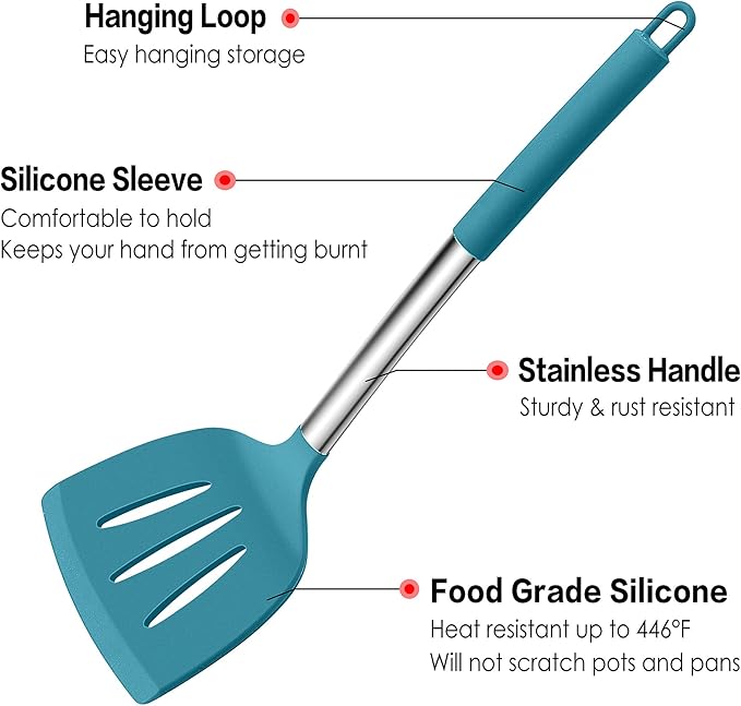 LIANYU 15-Piece Kitchen Cooking Utensils Set with Holder, Silicone Kitchen Tools Stainless Steel Handle, Slotted Spatula Spoon Turner Tong Whisk Brush for Cooking, Dark Blue - Image 3