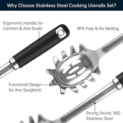 Safring Stainless Steel Soup Ladle and Spaghetti Spoon Set, Heat Resistant Rubber Handle, Dishwasher Safe, Kitchen Utensils for Cooking, Stirring, Serving Pasta, Soup & Sauce - Image 3