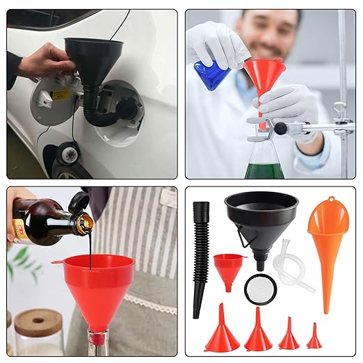 Oil Funnel for Automotive Use, Plastic Oil Change Funnels Set Large Flexible Fuel Funnel with Long Hose and Filter Bendable Wide Mouth for Car Motorcycle Boat Bottle Water Gasoline (7PCS)