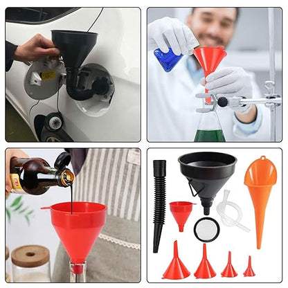 Oil Funnel for Automotive Use, Plastic Oil Change Funnels Set Large Flexible Fuel Funnel with Long Hose and Filter Bendable Wide Mouth for Car Motorcycle Boat Bottle Water Gasoline (7PCS)