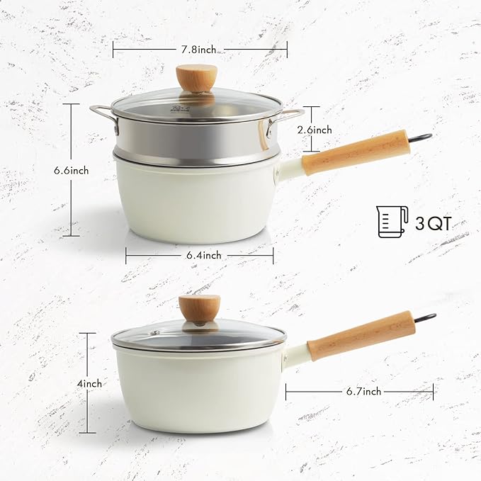 ROCKURWOK Ceramic Nonstick Sauce Pan, 3 QT Pot with Steamer, Non Toxic & PFAS-Free, Wooden Handle for Cool Touch, Universal Base(Gas, Electric & Induction), White - Image 7