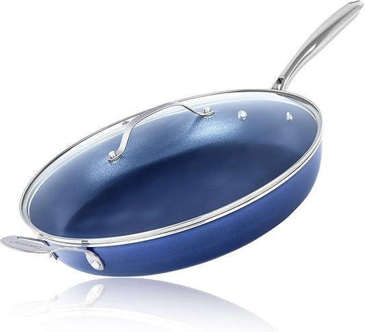 Granitestone 14 Inch Frying Pan with Lid, Non Stick Skillet for Cooking, Nonstick Diamond Coated Large Frying Pan, Family Sized, Oven & Dishwasher Safe Up to 500°F, 4.5 Qt Aluminum Skillet, Blue by Granitestone+