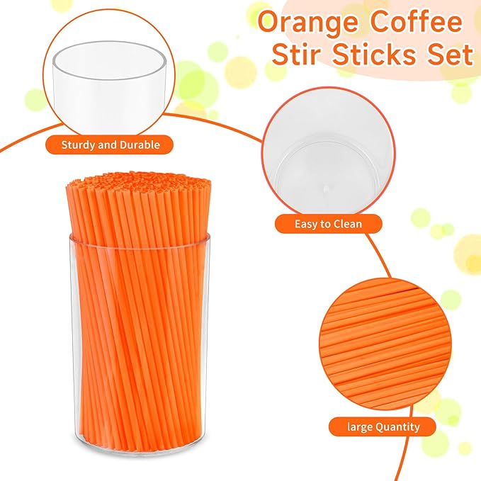 500 Pcs Neon Orange Coffee Stir Sticks Set Acrylic Stir Stick Holder Heather Orange Coffee Stirrers Holder Cocktail Straws for Coffee Bar Party Thanksgiving - Image 3
