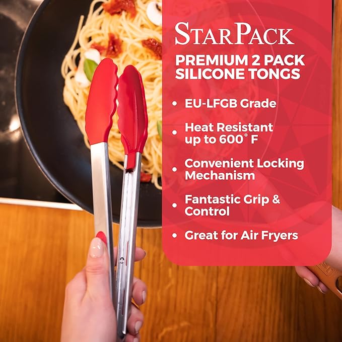 StarPack Premium Silicone Kitchen Tongs Set of 2 (9-Inch & 12-Inch) - Stainless Steel with Non-Stick Silicone Tips, High Heat Resistant to 480°F, For Cooking, Serving, Grill, BBQ & Salad (Cherry Red) - Image 3
