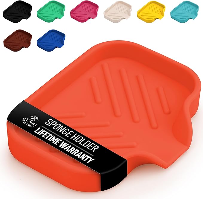 Zulay Kitchen Small Silicone Sponge Holder (4.9x3.3”) – Space-Saving Sink Organizer Tray for Sponge, Soap, Brush & More – Compact Non-Slip Dish for Kitchen & Bathroom (Orange) by ZulayKitchen