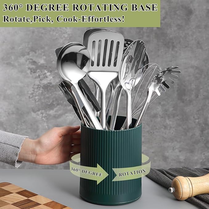 HOMQUEN 360° Rotating Utensil Holder, 6.3''+4.7'' Plastic Kitchen Utensil Holder for Countertop, Large Cooking Utensil Crocks for Kitchen Decor, Utensil Organizer for Spatula, Set of 2 (Green) - Image 3
