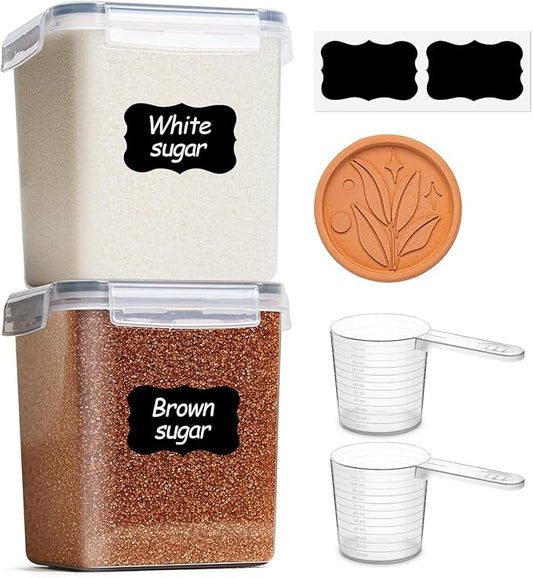 ComSaf Brown Sugar Container Set of 2 (2.5L/2.6Qt), Airtight Food Storage Containers with Lids and Terra Cotta Brown Sugar Saver, Plastic Canisters Sets for Kitchen, Pantry Organizer for Flour, Baking by ComSaf