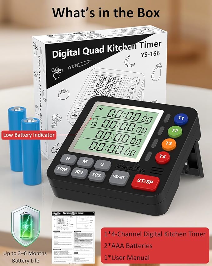 Digital Kitchen Timer for Cooking - 4 Channel Count Up Countdown Timer with Loud Alarm and Silent Mode, Large Display, Magnetic Back, Auto Memory for Classroom Study Gym, Battery Included (Black) - Image 8
