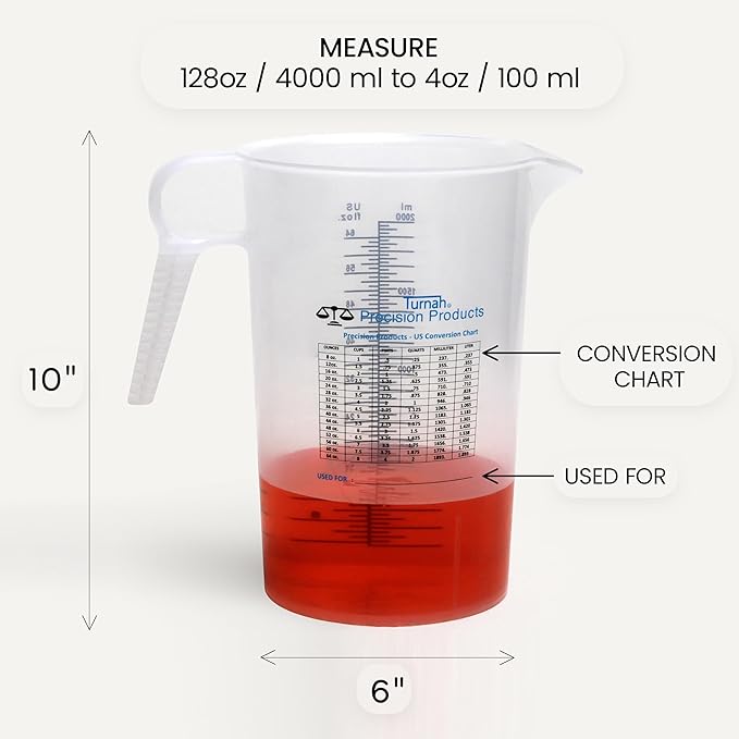 Half Gallon 64oz (2 quart) Measure Pitcher- Conversion Chart-Strong Food Grade - Resistant to Chemicals- Great for Lawn, Pool & Spa, Ag, Home Hobbies, Lye, Cooking, Shop Motor Oil Fluids Made In USA - Image 2