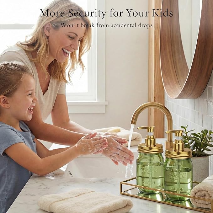 Amolliar Plastic Mason Jar Soap Dispenser with Pump Lid,16OZ Refillable Hand Soap Dispenser Set with Cute Lables - Farmhouse Decor for Kitchen Bathroom, Liquid Soap, Dish Soap, Lotion (2 Pack, Green) - Image 5