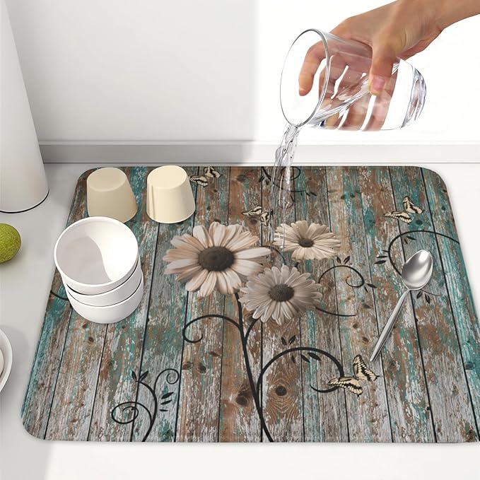 Dish Drying Mat for Kitchen Counter 16 x 18 Inch Rustic Vintage Daisy Floral Dish Drainer Mat Absorbent Microfiber Farmhouse Flowers Wooden Board Dish Rack Pad for Coffee Dining Bar Decor