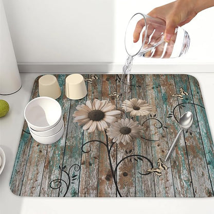 Dish Drying Mat for Kitchen Counter 16 x 18 Inch Rustic Vintage Daisy Floral Dish Drainer Mat Absorbent Microfiber Farmhouse Flowers Wooden Board Dish Rack Pad for Coffee Dining Bar Decor