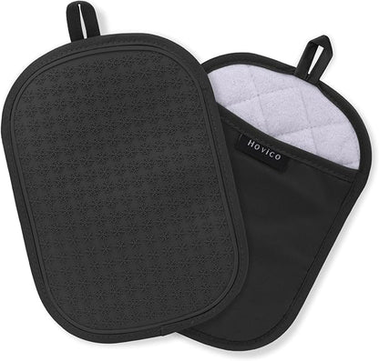 Hovico 2PCS Silicone Pot Holders, Oven Mitts Heat Resistant Hot Pads with Pockets, Non Slip Pot Holder for Kitchen Baking and Cooking| 9.8 x 7 Inches | Towel Cloth Interior Lining - Black by Hovico