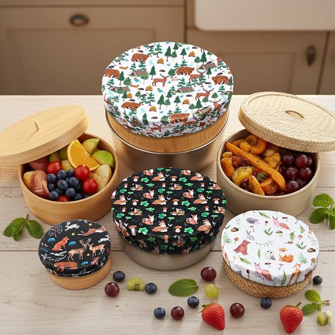Patelai 10 Pcs Bowl Covers Reusable in 5 Size Stretch Cloth Fabric Elastic Food Storage Bowl Covers Bread Sourdough Lids for Proofing Food Fruits Leftover(Black, White, Brown, Green,Animal Style) - Image 2