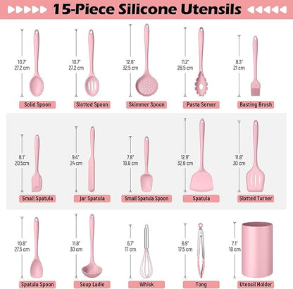 Homikit 15-Piece Kitchen Utensil Set, Silicone Cooking Utensils Spatula Set with Holder for Nonstick Cookware, Heat Resistant Kitchen Tools Gadgets for Cooking and Baking-Pink - Image 2