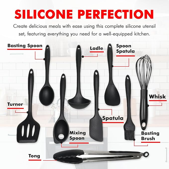 Chef Craft - Premium Silicone Kitchen Tools and Utensils Set, Non-Scratch, Withstands Temperatures up to 450°F, BPA-Free, 9 Piece Cooking Utensils Set, Black - Image 4