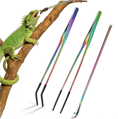 OLIISS Stainless Steel Reptile Feeding Tongs and Spoon Set - 10.6" Straight & Curved Tweezers for Aquariums & Crafts - Feeder Tools for Bearded Dragons & Lizards - Terrarium Tank Supplies by TEXSENS
